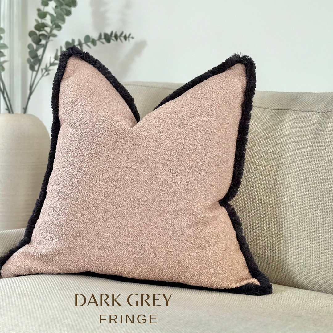 LIGHT BLUSH BOUCLE | Fringe Cushion - More Size’s and Trim Colours