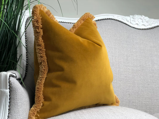 Luxury deep mustard velvet fringe scatter cushion