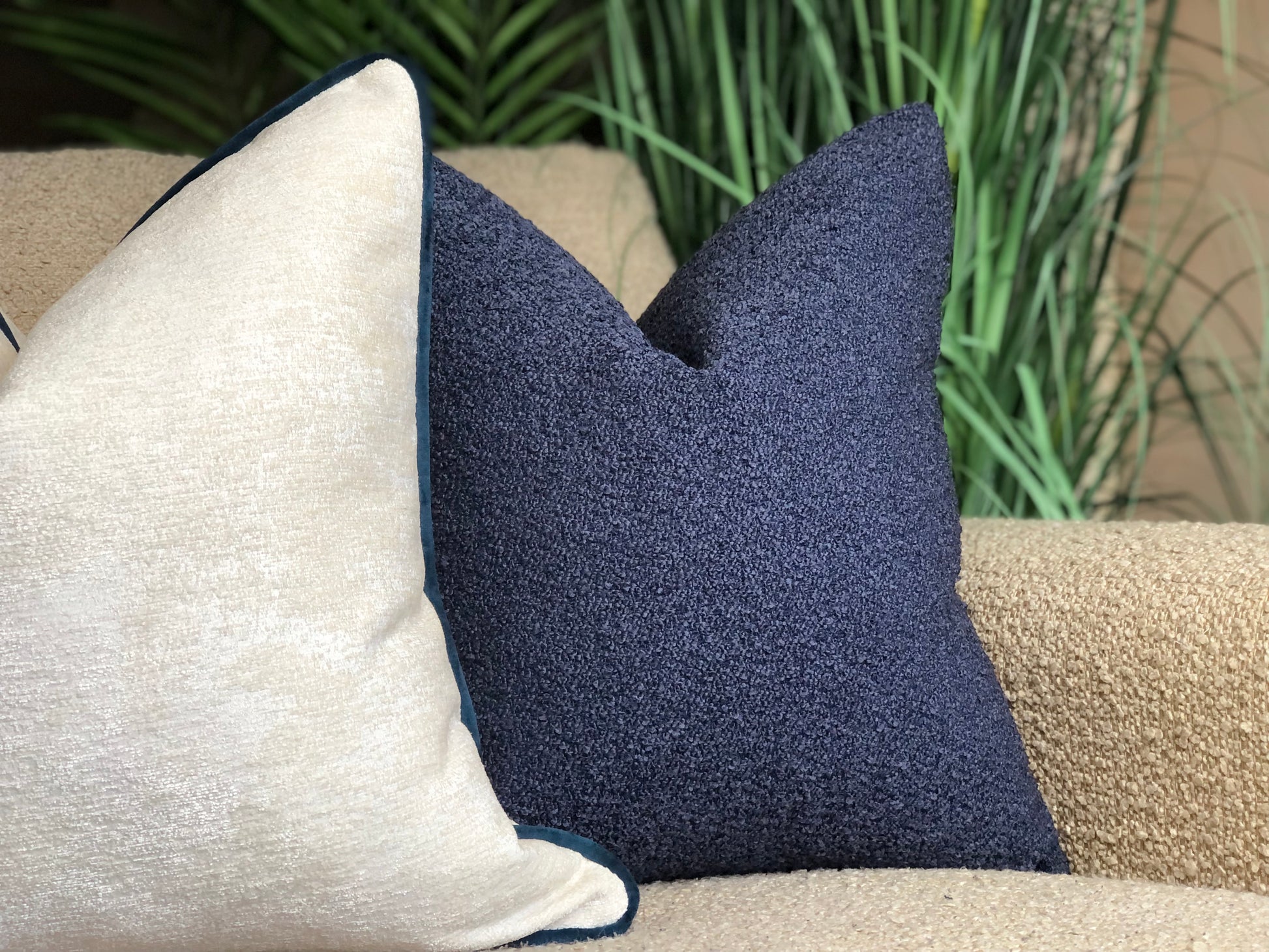 Textured blue boucle pillow 