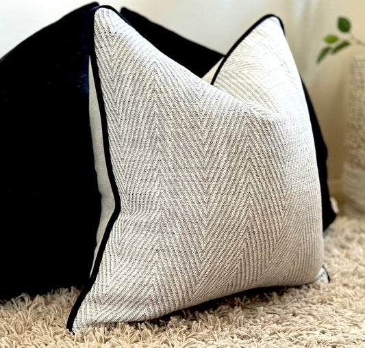 luxury grey herringbone pillow with black piping