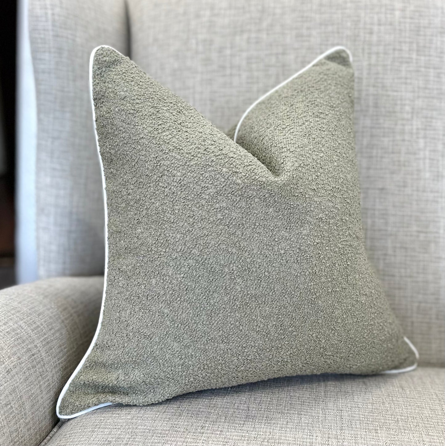 Muted sage green boucle cushion. Modern organic earthy home decor