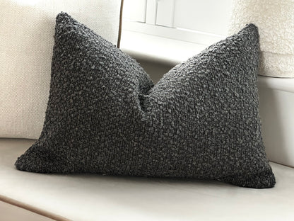 Textured grey boucle lumbar pillow