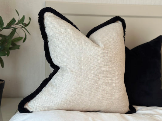 Cushions - luxury cream beige pillow with black fringe 