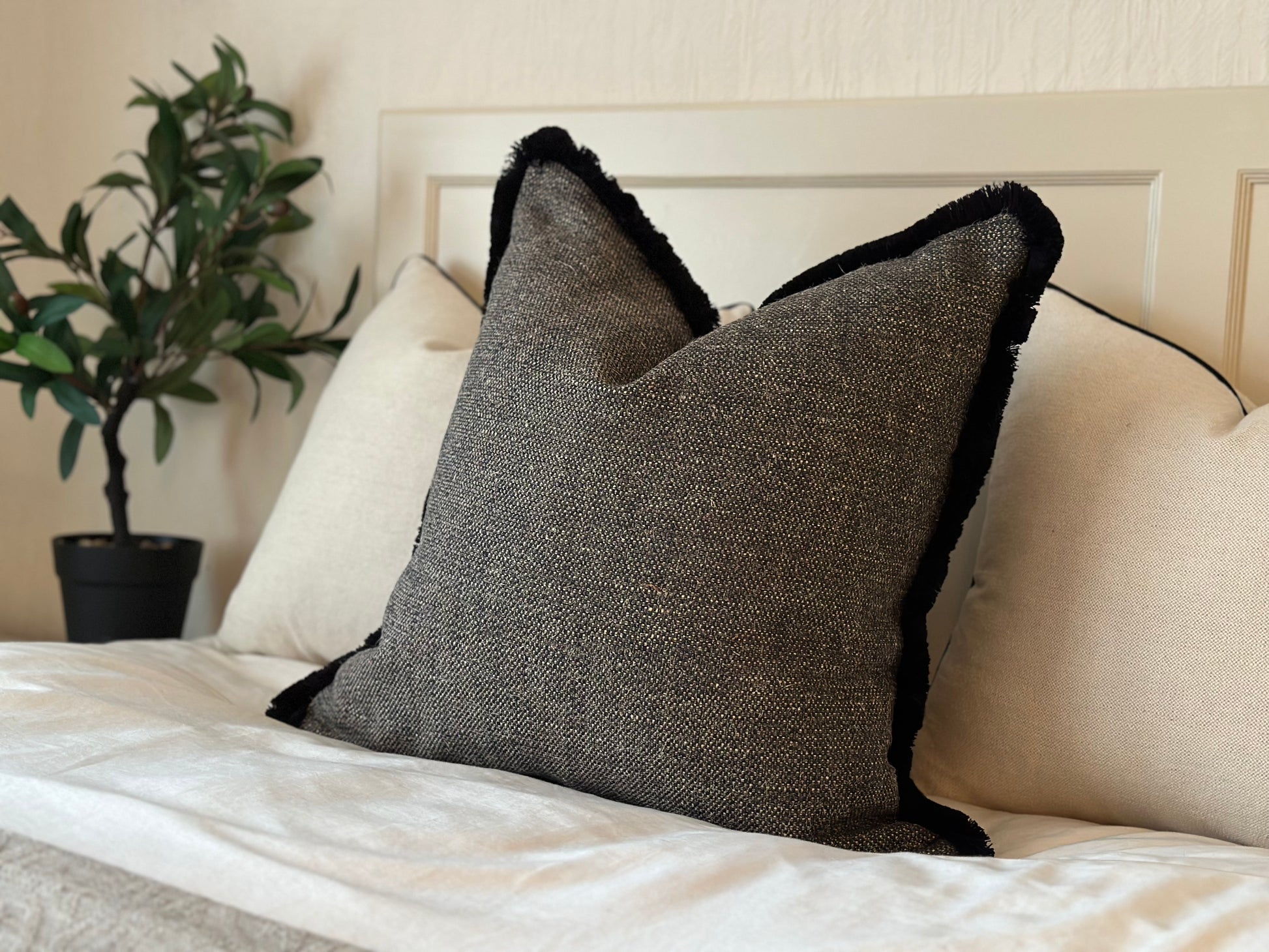 TEXTURED GREY BLACK Fringe or Piped Cushion