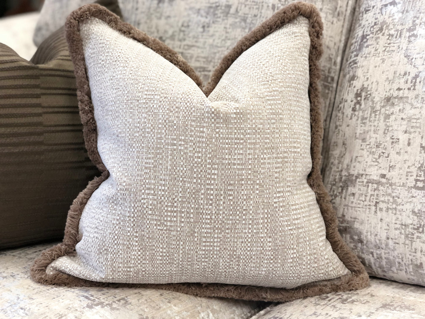 Neutral home decor, luxury textured fringe pillow