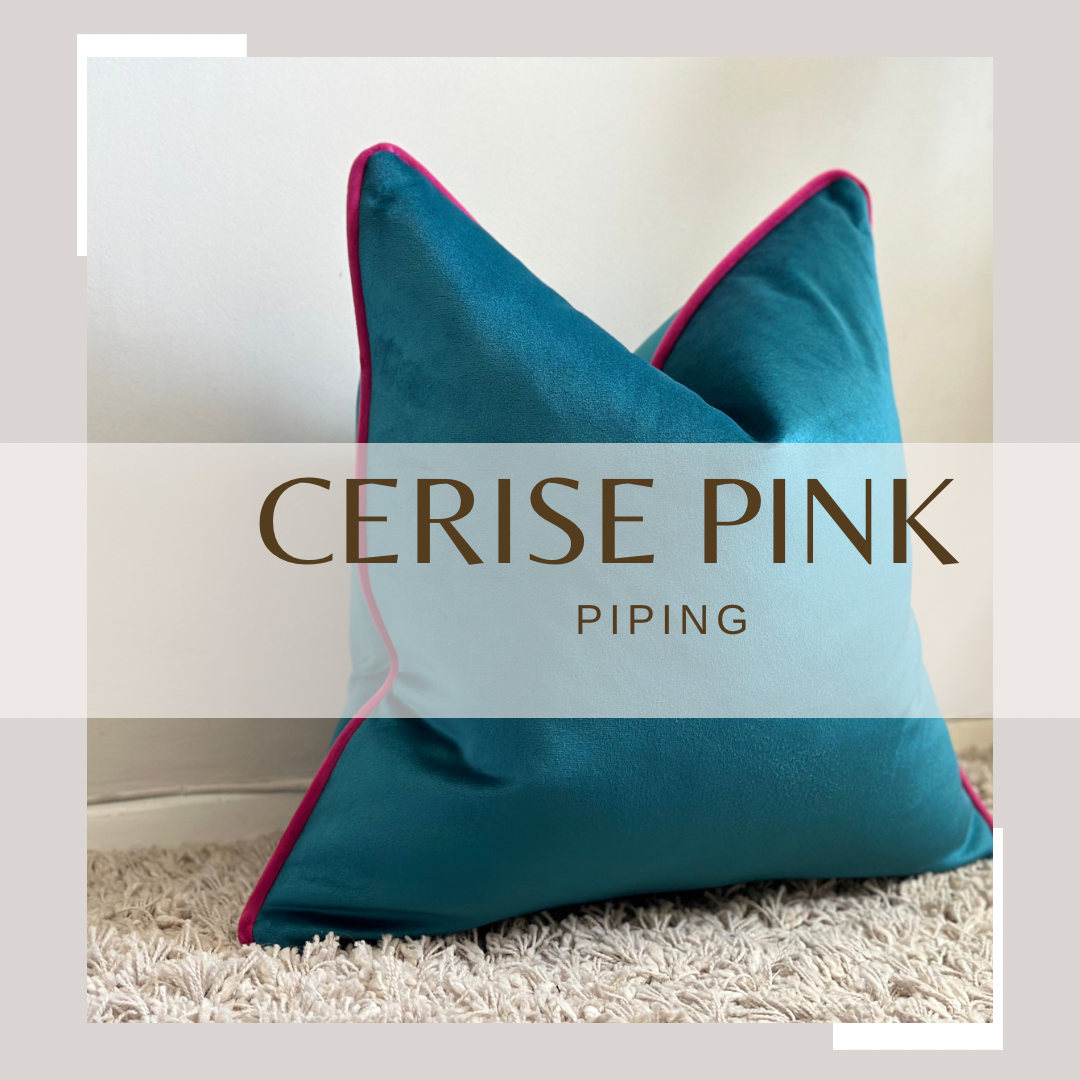 teal pillow with pink piping trim