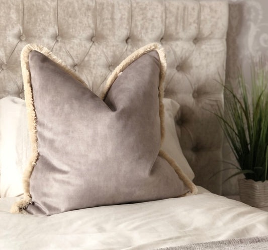 Luxury light grey velvet pillow with fringe