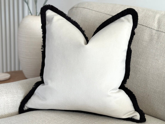 Luxury Ivory white velvet cushion with black fringe trim