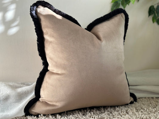 luxury taupe beige fringe cushion with black trim