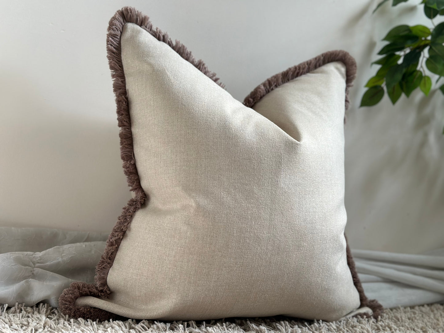 Modern farmhouse decor, cream pillow with fringe 