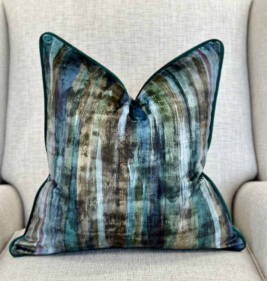 luxury green and blue printed velvet cushion