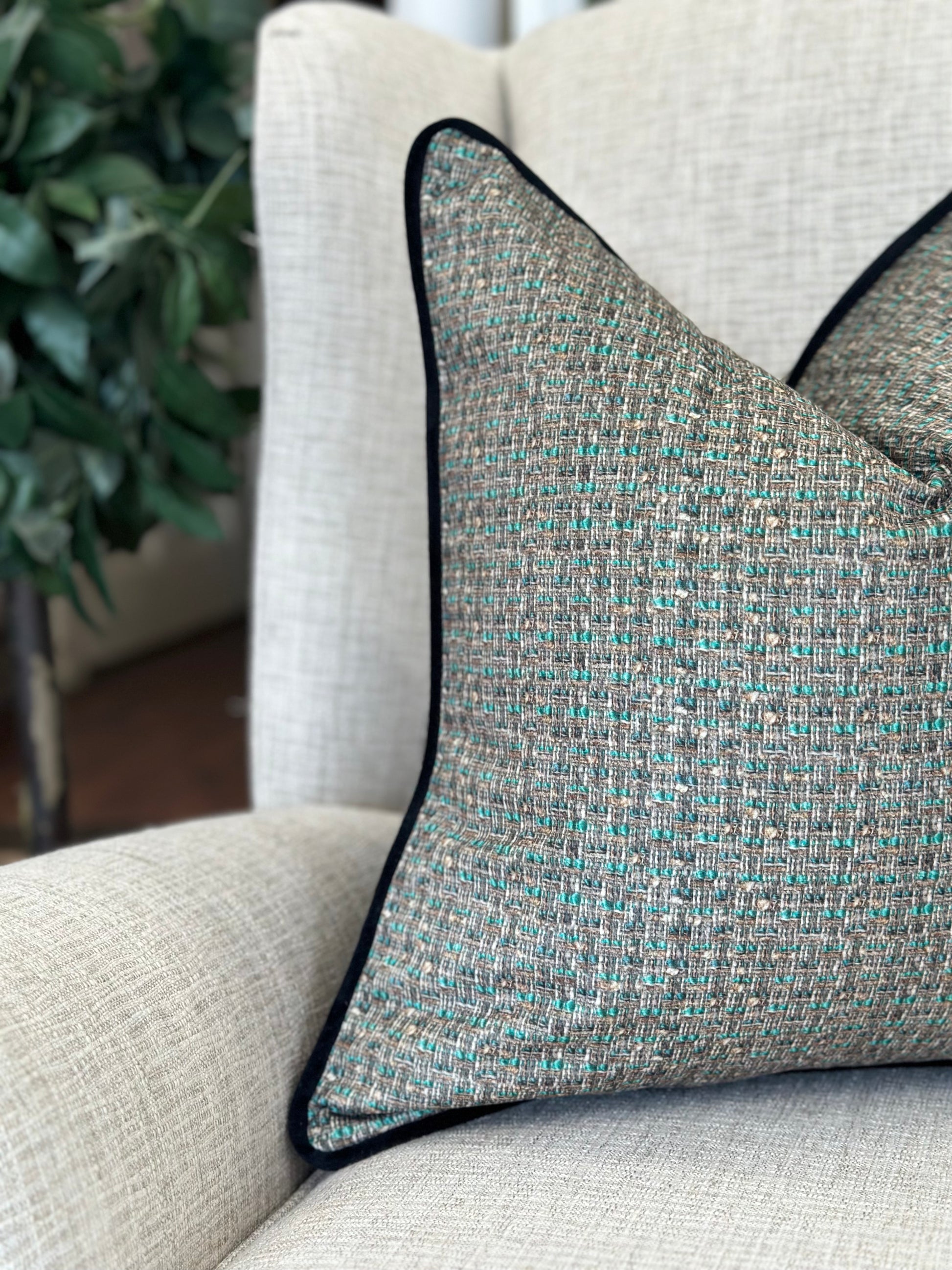 green printed velvet cushion