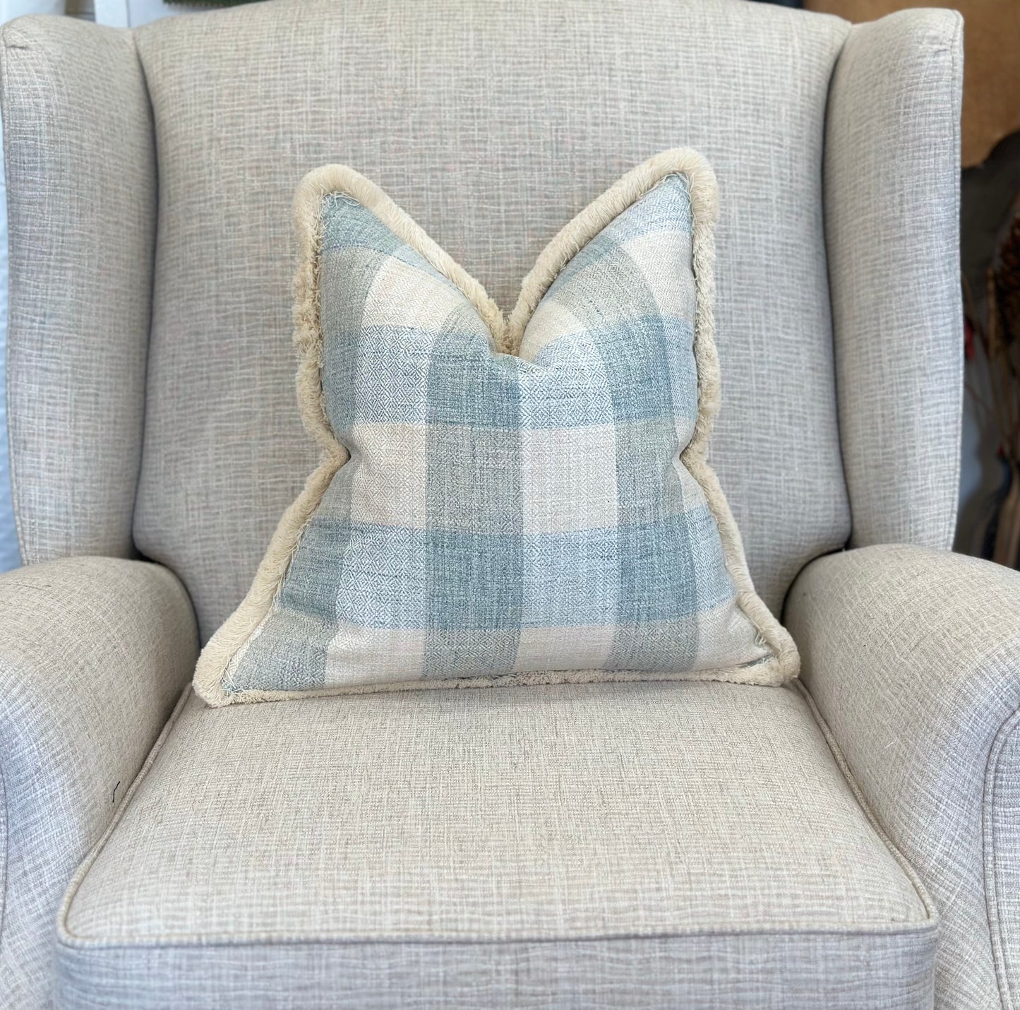 blue abd cream fringe cushion