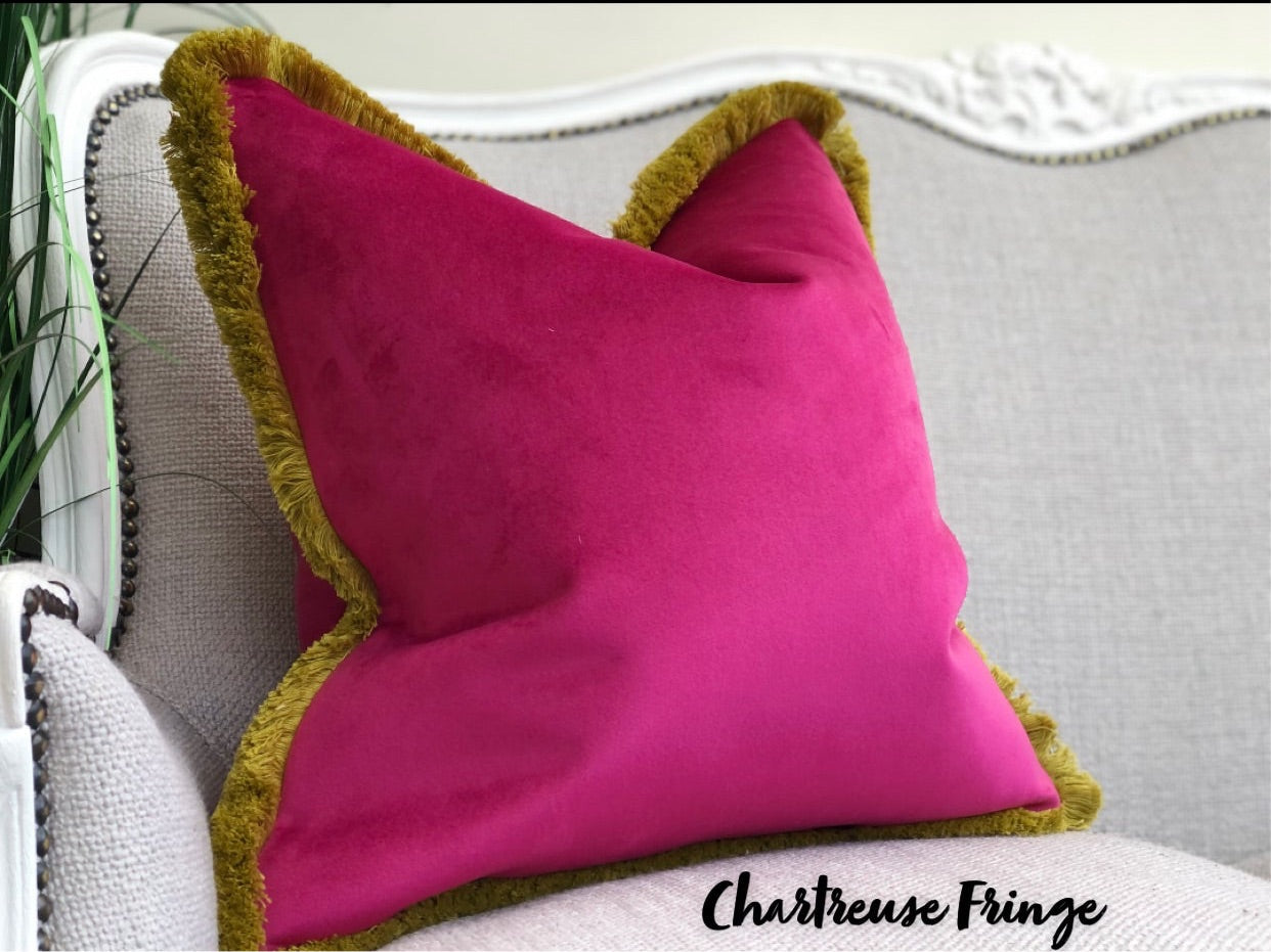 CERISE VELVET Fringe Cushion