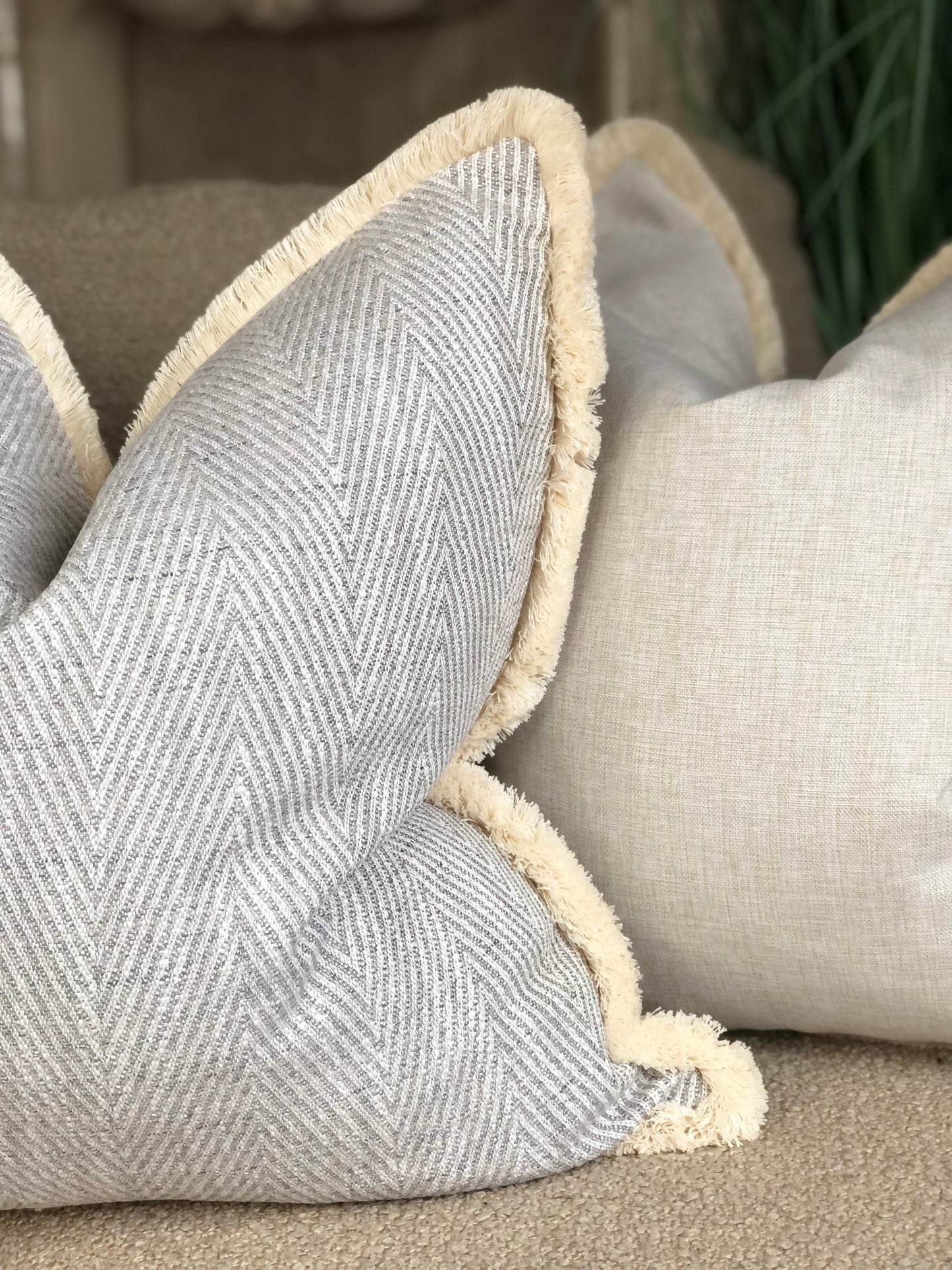 HERRINGBONE GREY | Fringe Cushion - More Sizes and Trim Colours