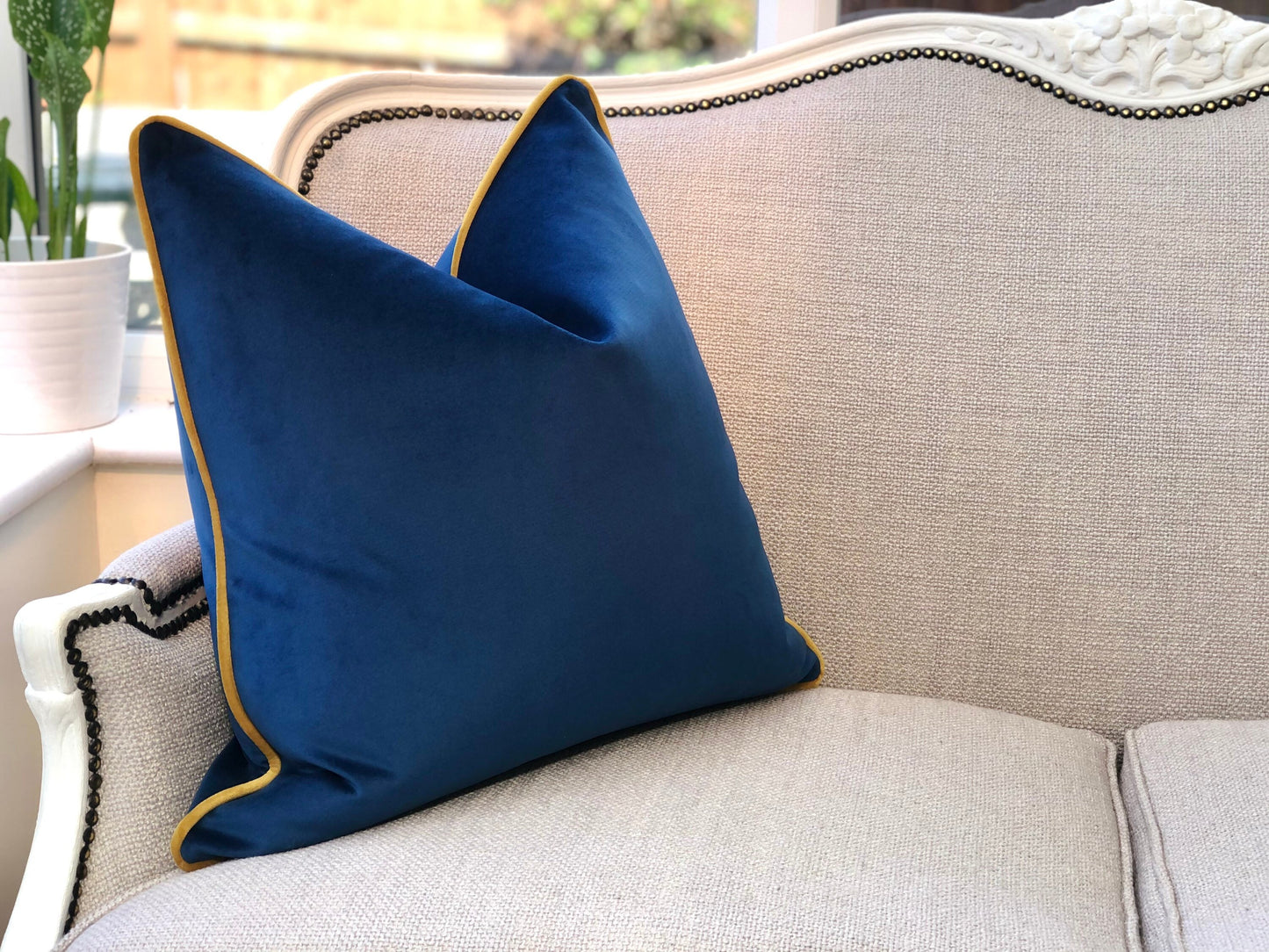 blue and mustard scatter cushion