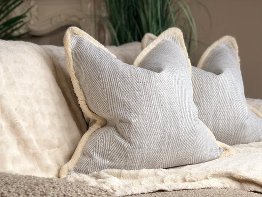 HERRINGBONE GREY | Fringe or Piped Cushion