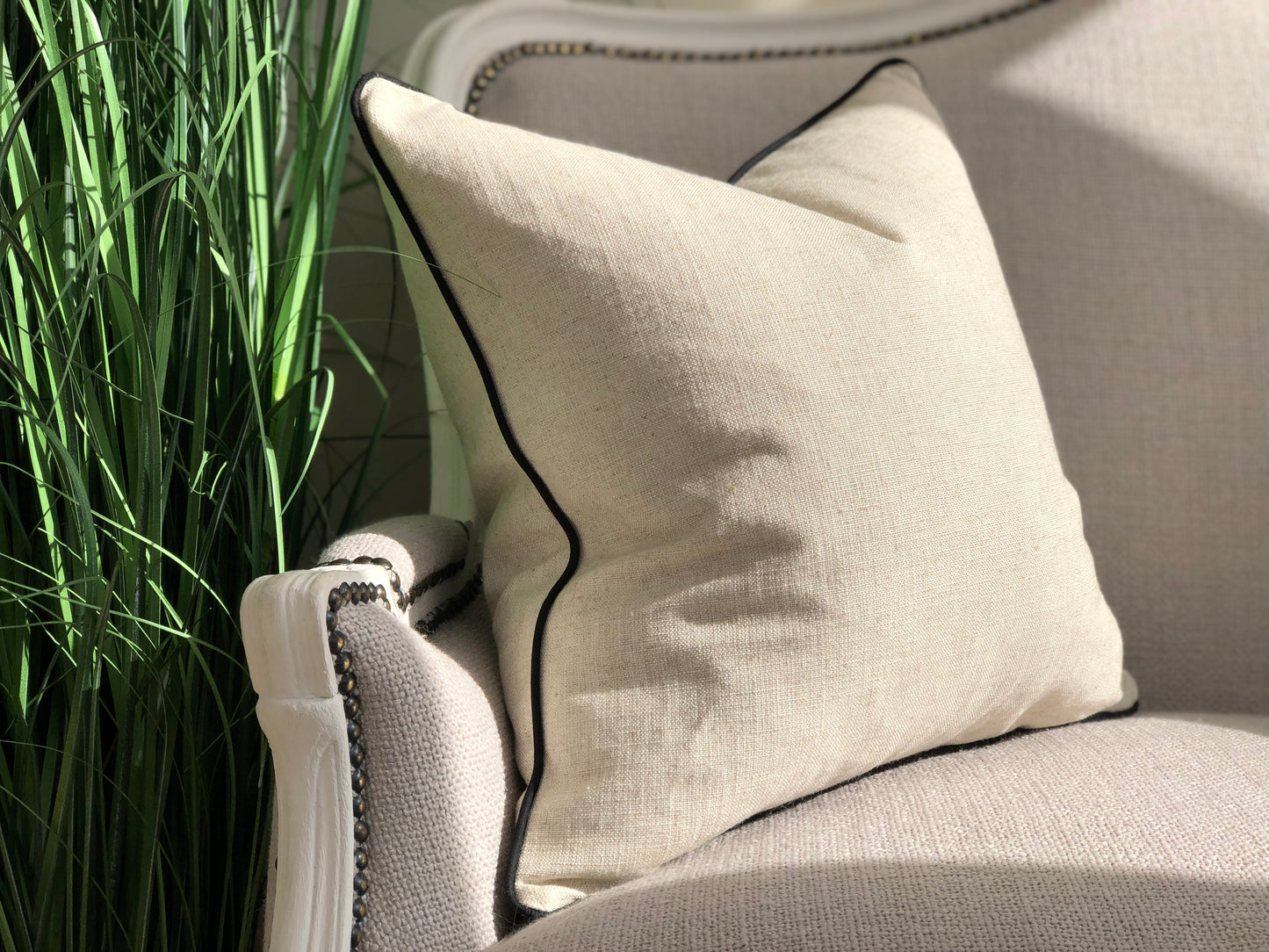 Neutral Linen Cushion with Black Piping Home Decor Shop Now thecosycushionshop