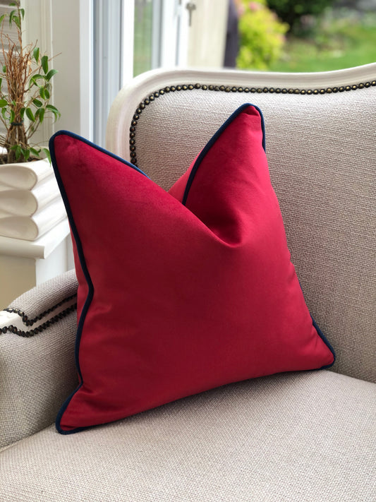 red and blue velvet scatter cushion