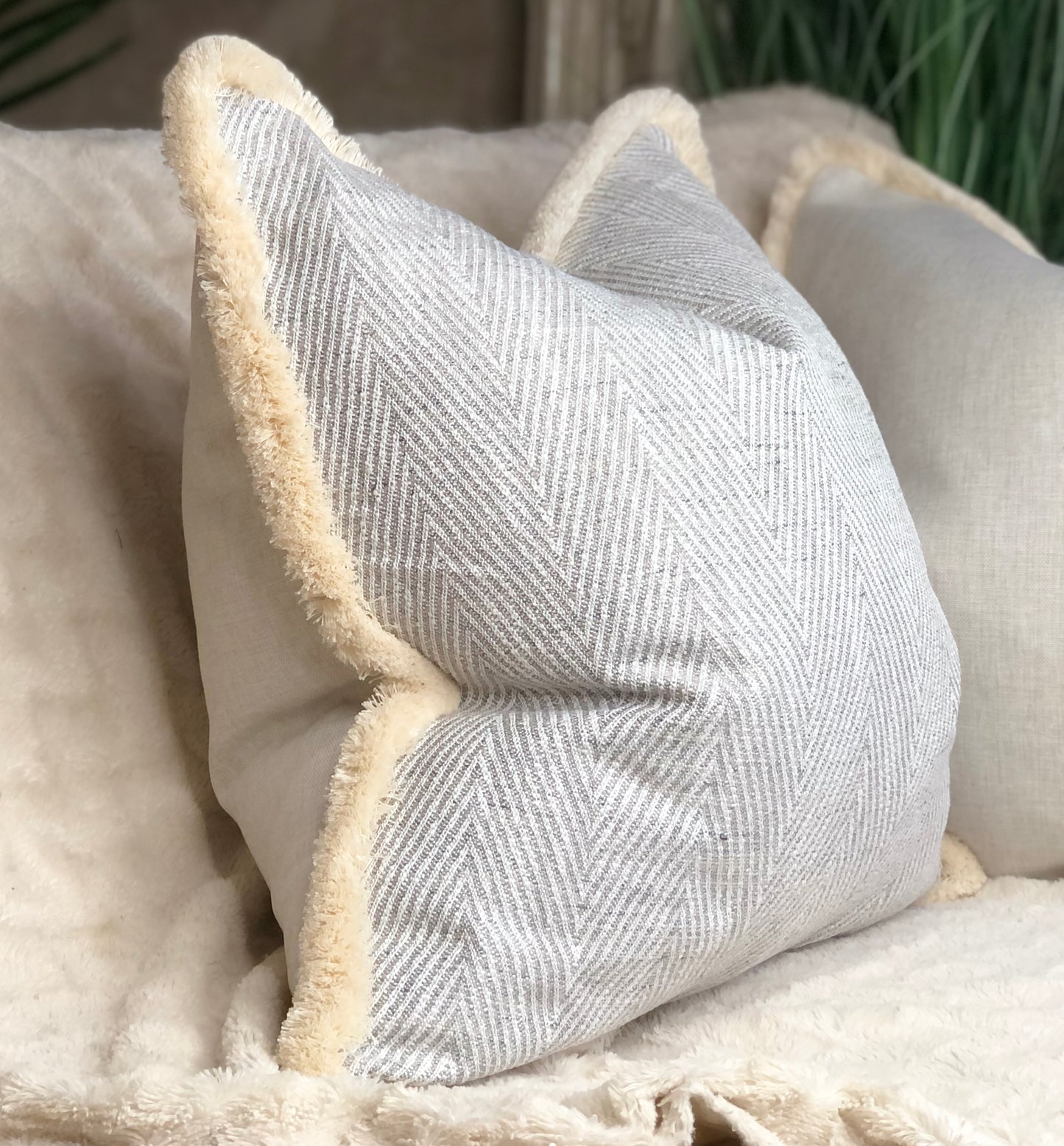 HERRINGBONE GREY | Fringe or Piped Cushion